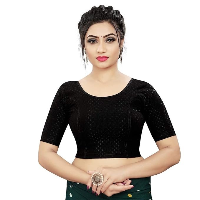 61-6JGoBmQL._SX679_ Round Neck Dobby Cotton Lycra Stretchable Elbow Sleeve Readymade Saree Blouse for Women Stylish (Free Size) - Image 1