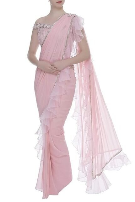 Saree Trends Women's Faux Georgette ready to wear Frill saree with unstitched blouse
