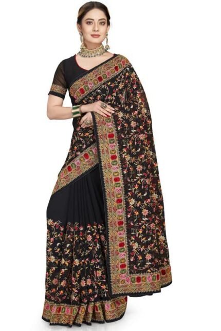 Black Kashmiri Resham Heavy Embroidered Border Work Georgette Saree Sari with Heavy Work UnStitch Blouse Piece For Women & Girls