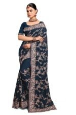Teal Blue Zari Resham Embroidered Georgette Saree Sari with Matching Blouse Piece