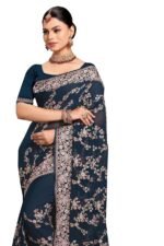 Teal Blue Zari Resham Embroidered Georgette Saree Sari with Matching Blouse Piece - Image 3