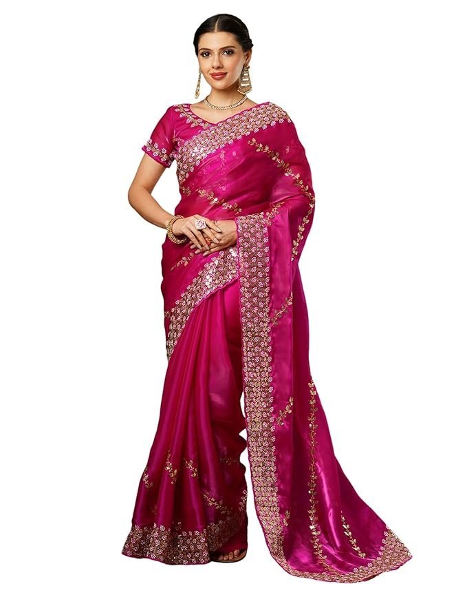 71b3dhkFIwL._SX679_ Women's Tissue Silk Sequence Embroidery Scalloped Border Saree With Unstitched Blouse Piece - Image 1