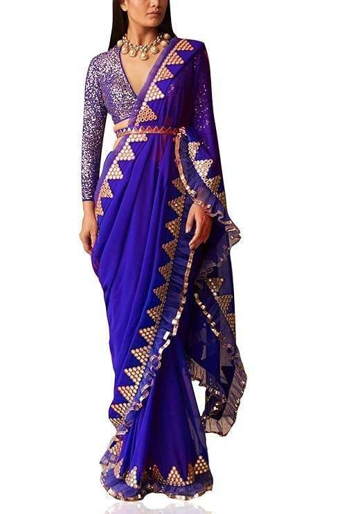 71j0FvIoPKL._SY741_ Saree Trends Women's Faux Georgette ready to wear Frill saree with unstitched blouse - Image 1