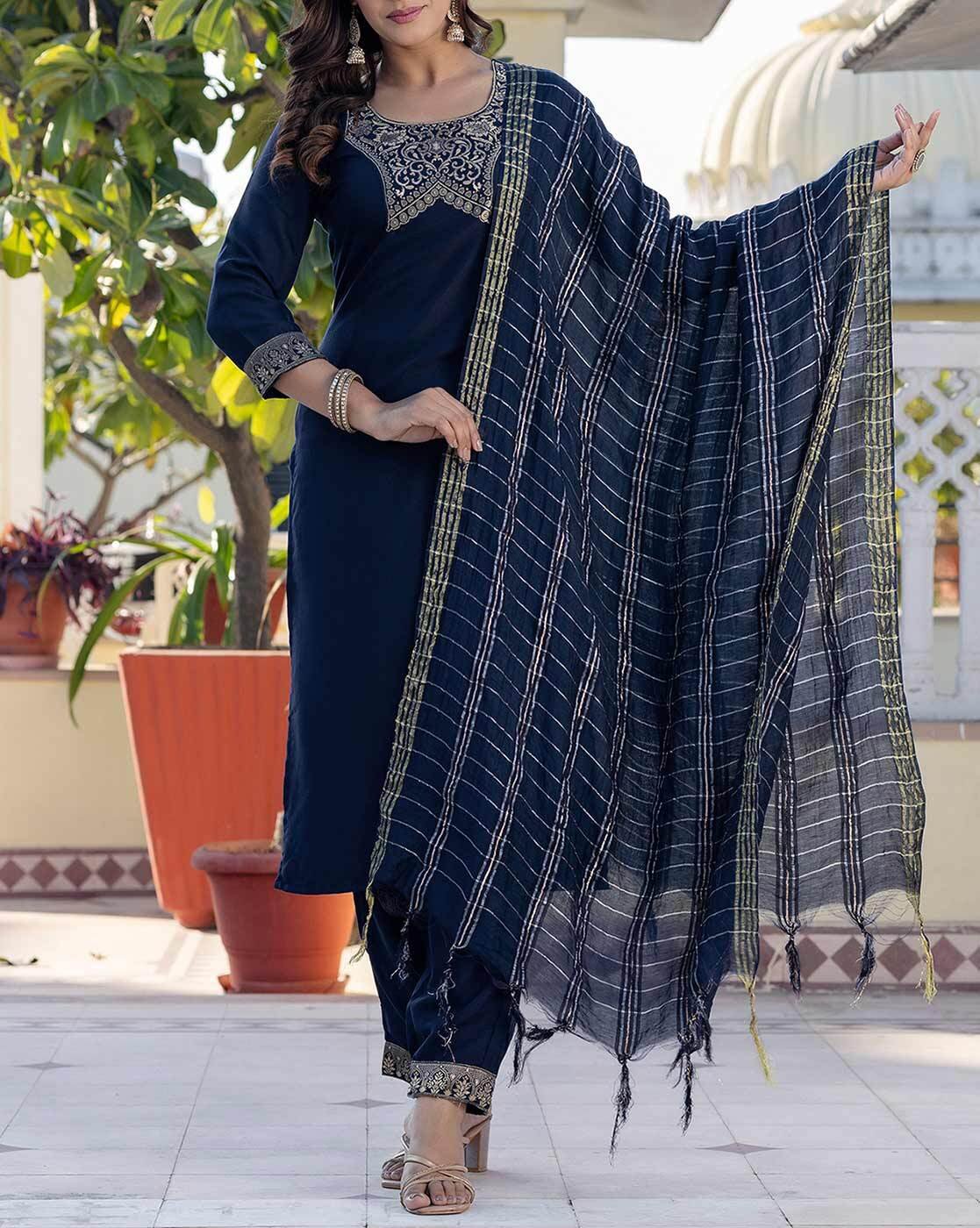 -1117Wx1400H-701358361-blue-MODEL Women Woven Yoke Straight Kurta Set - Image 1