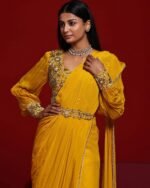 Women Mustard Beads Embellished Top with Draped Saree - Image 2