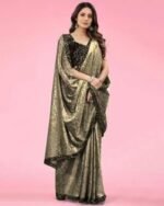 Women Leaf Print Saree with Contrast Border - Image 2