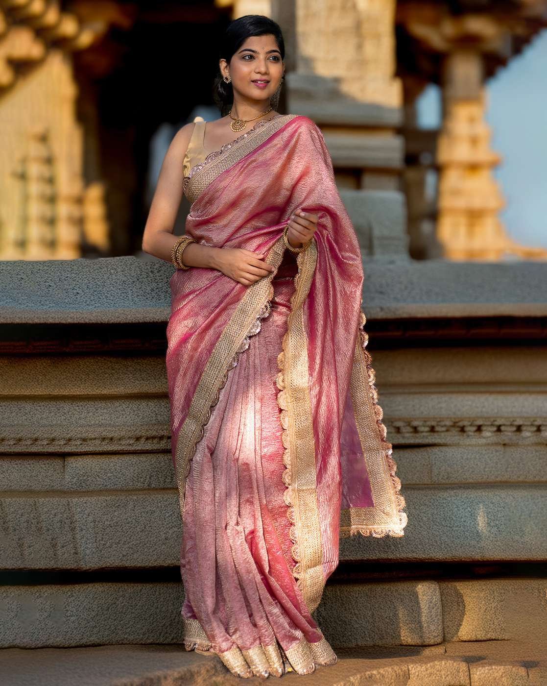 -1117Wx1400H-701465644-pink-MODEL Women Banarasi Silk Saree with Contrast Border - Image 1