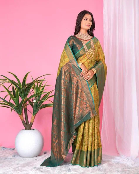 -473Wx593H-701358555-yellow-MODEL2 Women Floral Woven Banarasi Saree with Contrast Border - Image 1
